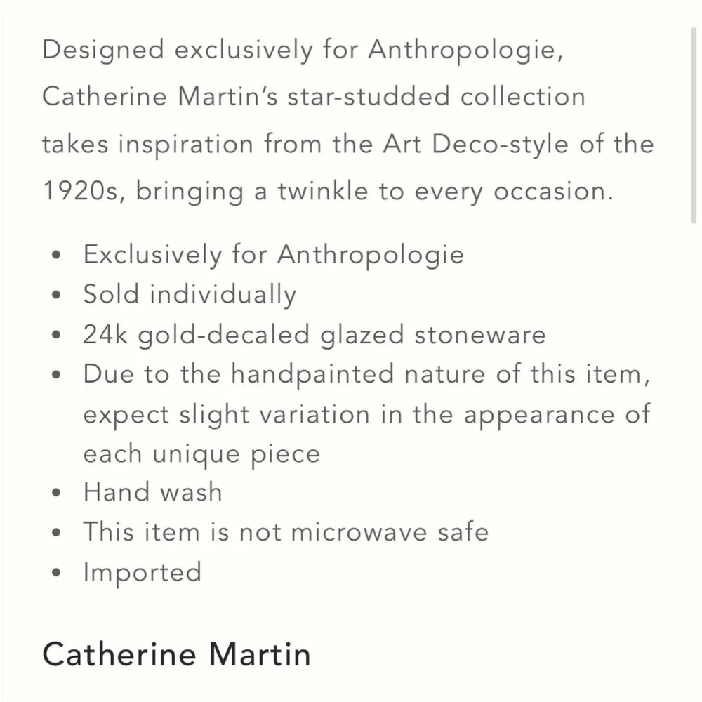 Set/4 ⭐️ 24K Gold Plates Catherine Martin x  Anthropologie WHITE and gold